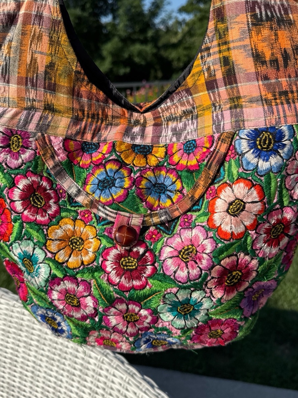 Guatemala Huipil Colorful Embroidered Floral Tote Bag in Green, Pink, Yellow